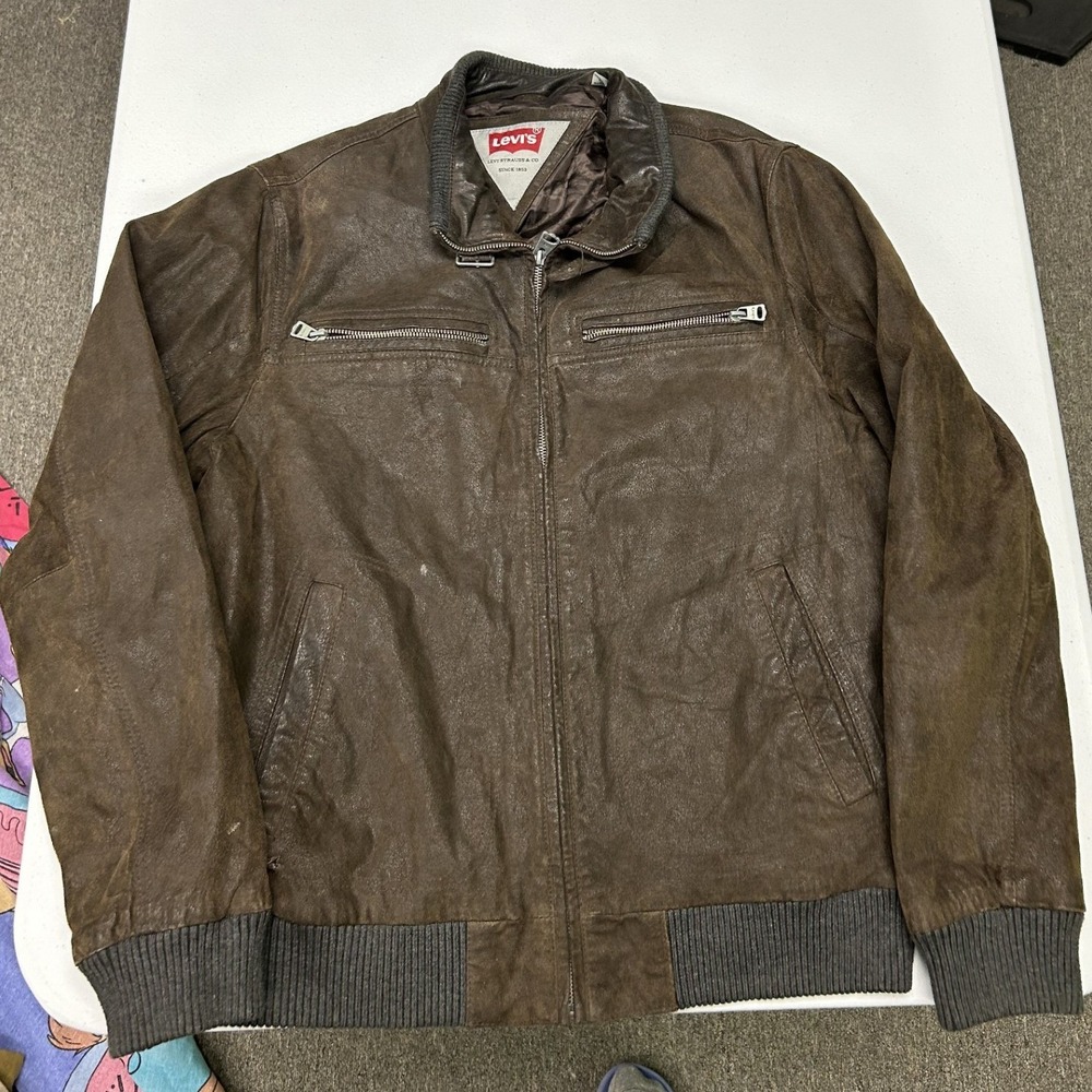 Levis Leather Bomber Jacket Mens M Brown Distressed Quilted Zip Up A5
